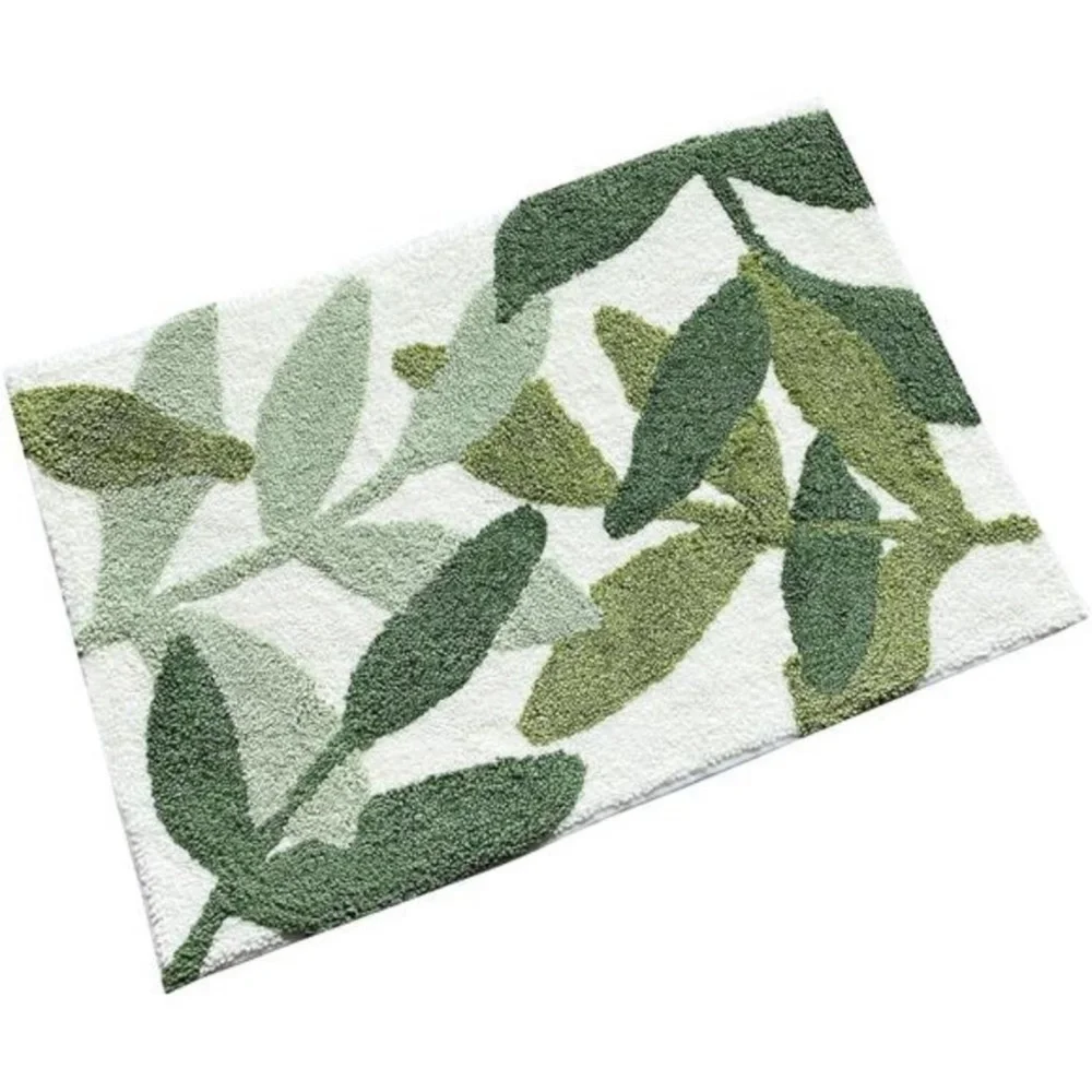 Bathroom Rugs-Green Bath Rug NonSlip Back Water Absorbent Leaves PlushMicrofiber